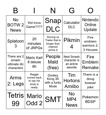 Nintendo e3 Bingo Card