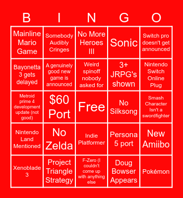 Nintendo Direct Bingo Card