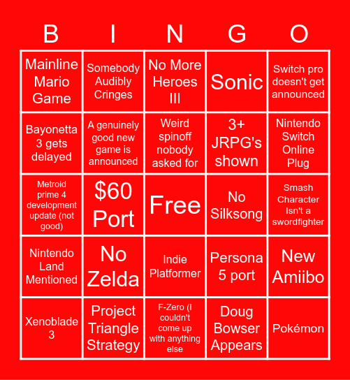 Nintendo Direct Bingo Card