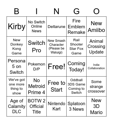 E3 2021 Nintendo Direct Bingo Card