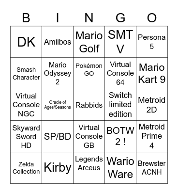 Nintendo DIRECT Bingo Card