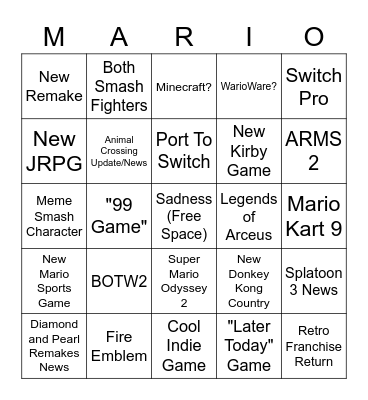 Nintendo Direct Bingo Card Bingo Card