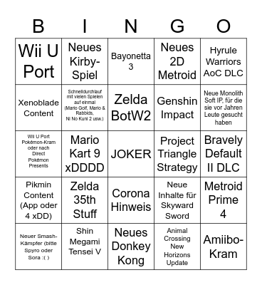 Nintendo Direct Bingo Card