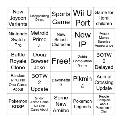 Nintendo Direct Bingo Card