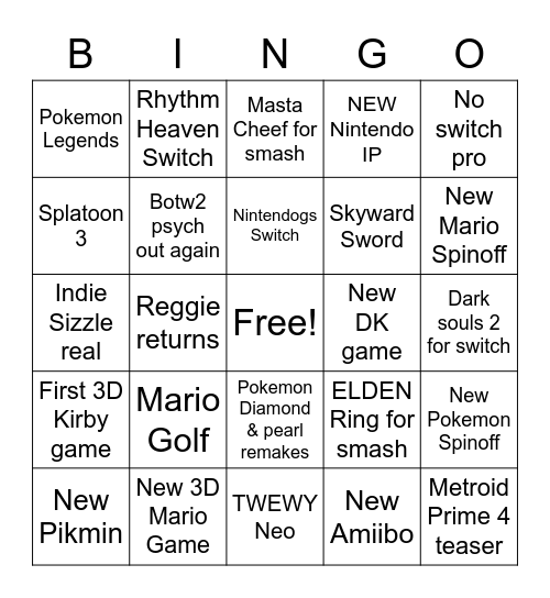 Nintendo Direct Bigno Bingo Card