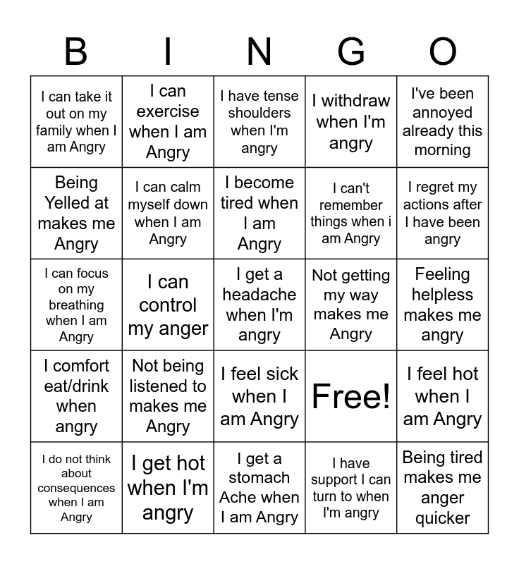 Anger Bingo Printable Free