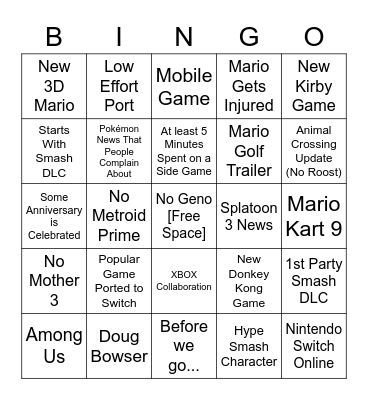 Nintendo E3 2021 Bingo Card