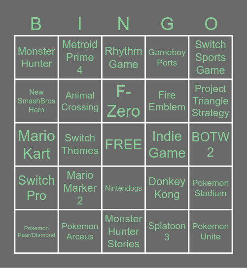 Nongtendo Bingo Card