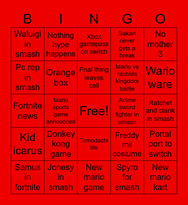 Nintendo E3 Bingo Card