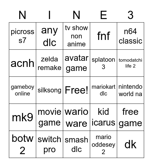 nintendo e3 Bingo Card