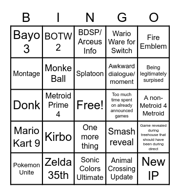 NINTENDO E3 2021 Bingo Card