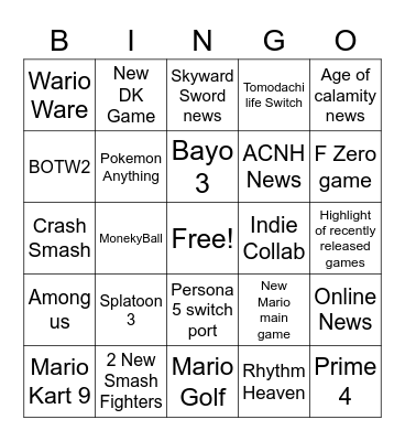 Nintendo E3 Bingo Card