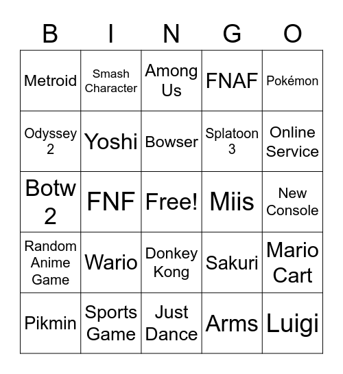 Nintendo E3 Bingo Card