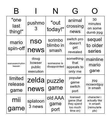 nintemdo 3e Bingo Card