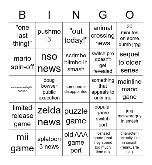 nintemdo 3e Bingo Card