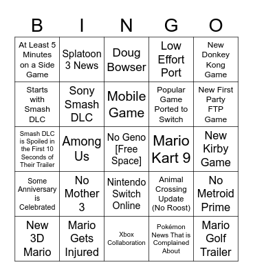 Nintendo E3 2021 Bingo Card