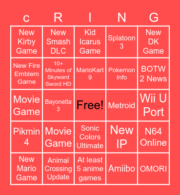 Nintendo E3 Direct Bingo Card