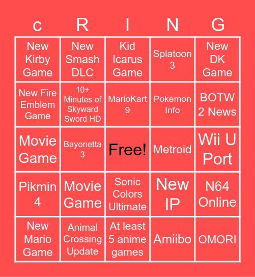 Nintendo E3 Direct Bingo Card