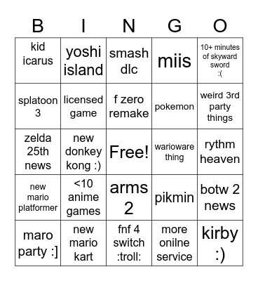 nintendo direct :] Bingo Card