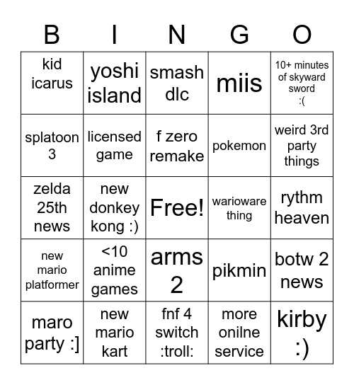 nintendo direct :] Bingo Card