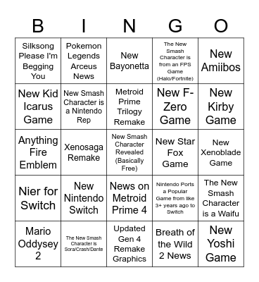 Nintendo E3 2021 Bingo! Bingo Card