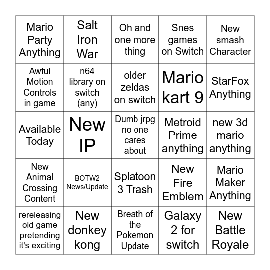 Nintendo Bingo Card