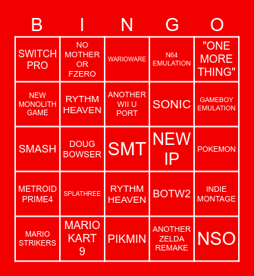 NINTENDO E3 2021 Bingo Card