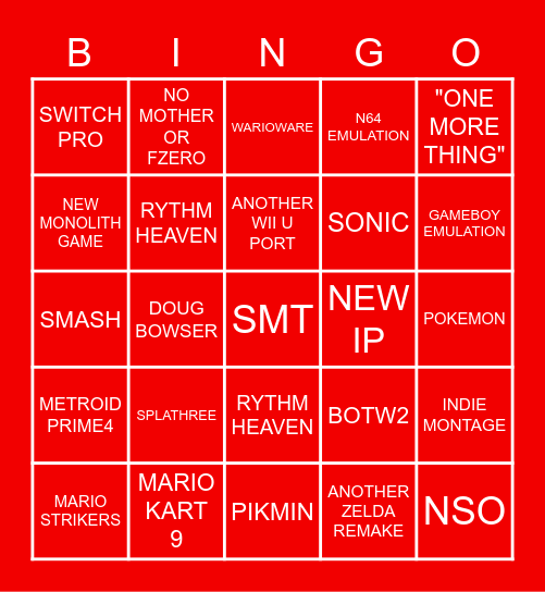 NINTENDO E3 2021 Bingo Card