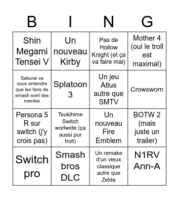 Nintendo direct Bingo Card