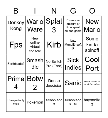 Nintendo E3 Bingo Card