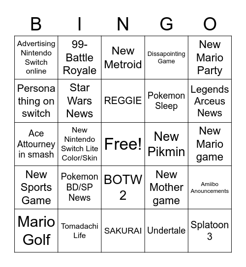 Nintendo Direct E3 Bingo Board Bingo Card