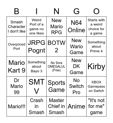 Nintendo E3 Bingo Card