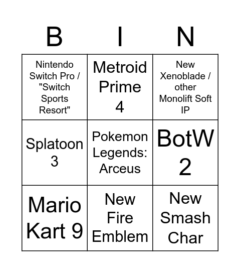 Nintendo E3 Bingo Card