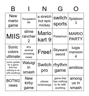 Nintendo Direct Bingo Card