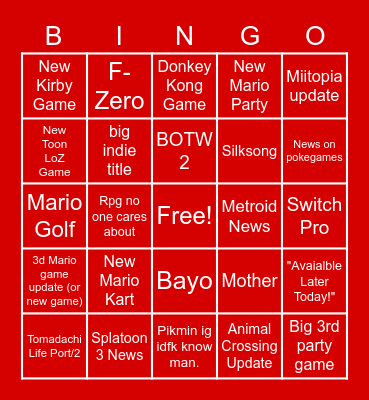 nintendo hah a Bingo Card