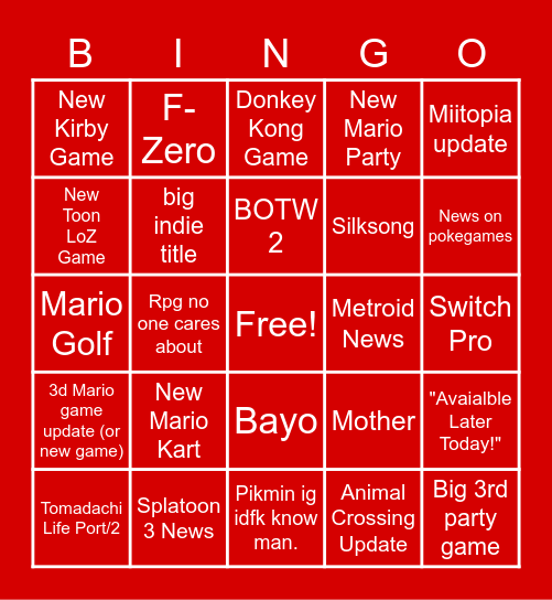 nintendo hah a Bingo Card