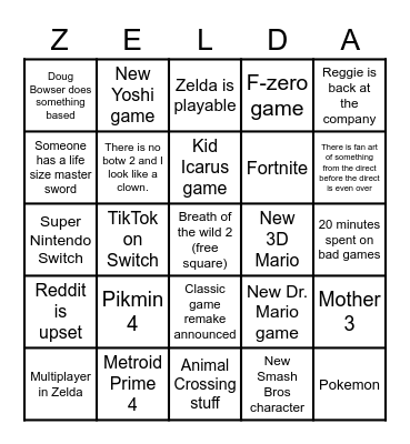 Nintendo E3 Bingo Card