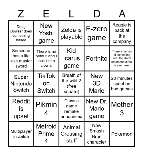 Nintendo E3 Bingo Card