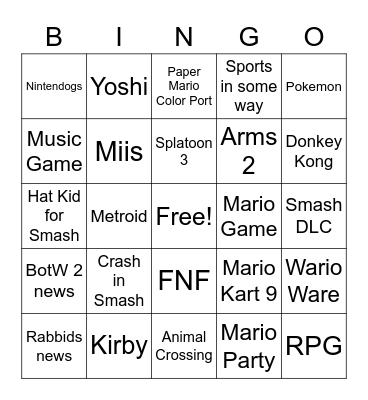 Nintendo E3 bingo Card