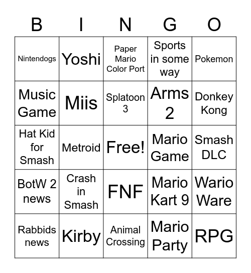 Nintendo E3 bingo Card