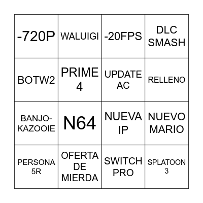 Nintendo e3 Bingo Card