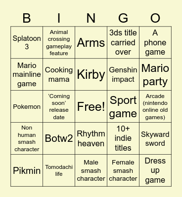 Nintendo direct bingo :> Bingo Card