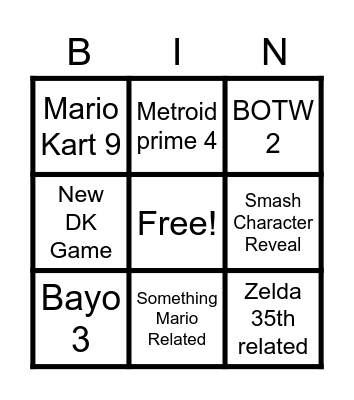 Nintendo E3 Bingo Card