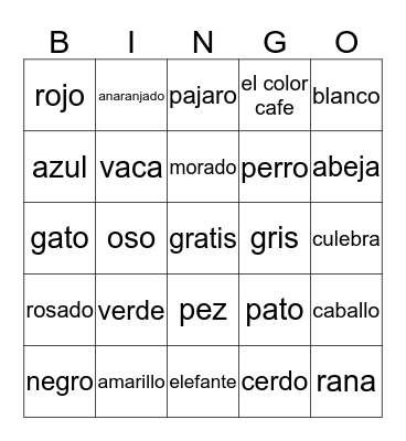 Animales y Colores Bingo Card