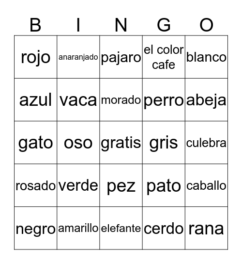Animales y Colores Bingo Card