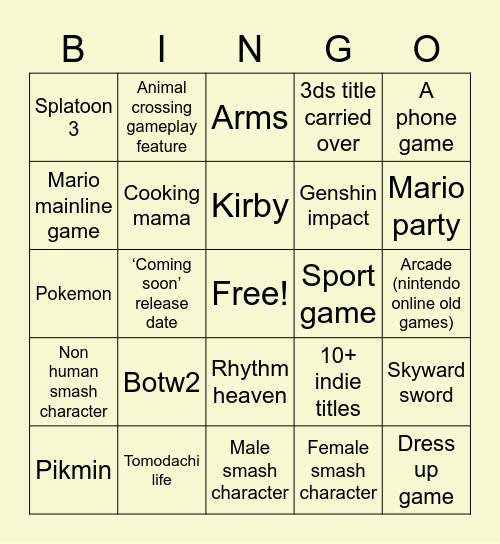 Nintendo direct bingo :> Bingo Card