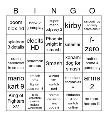 nintendo direct Bingo Card