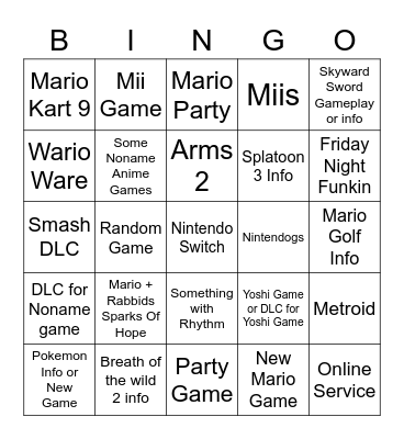 Nintendo E3 Bingo Card