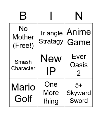 Nintendo E3 2021 BIN Card Bingo Card