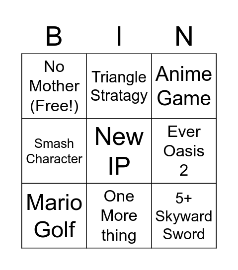 Nintendo E3 2021 BIN Card Bingo Card